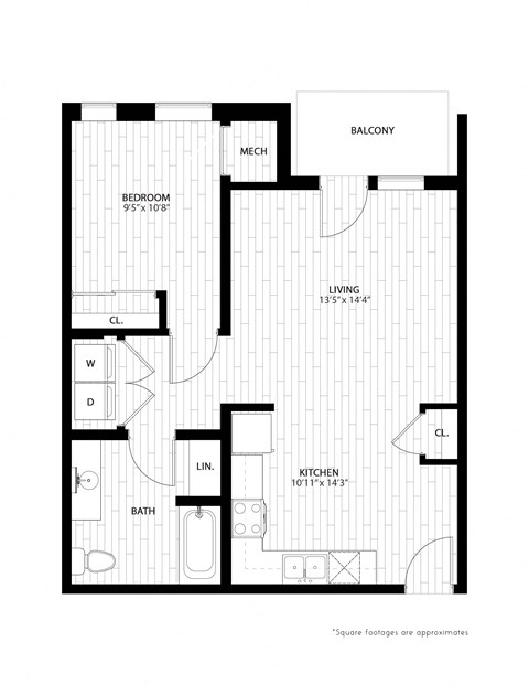 Floor plan for 1 bed, 1 bath, 668 sqft